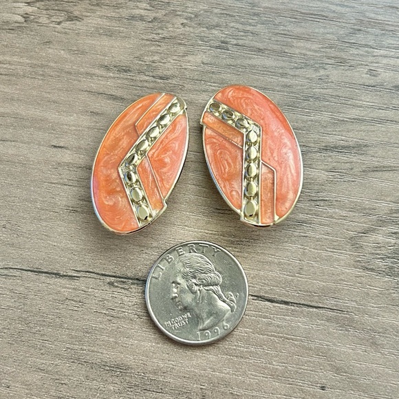 Vintage Oval Coral Enamel & Gold-Tone Statement Earrings - Picture 2 of 6
